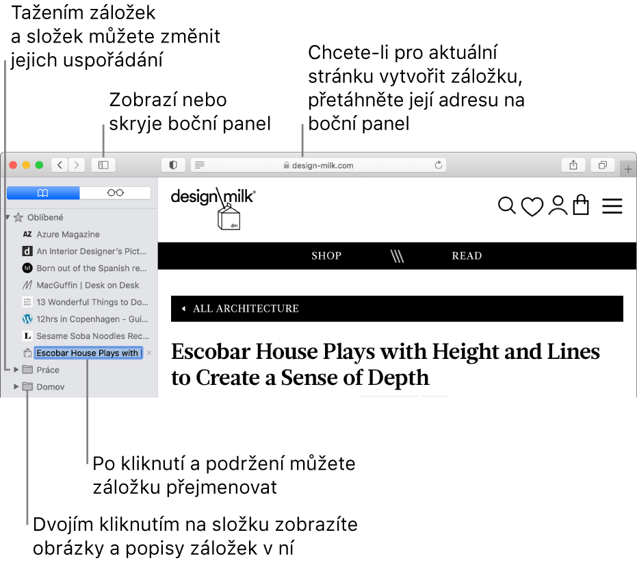 Okno Safari se záložkami na bočním panelu; jedna záložka je vybraná pro úpravy