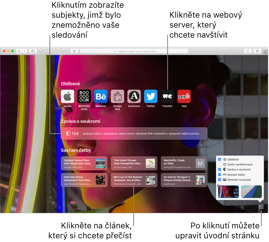 Úvodní stránka Safari, na níž jsou vidět oblíbené webové stránky, přehled Zpráva o soukromí, seznam četby s různými články a také volby úvodní stránky