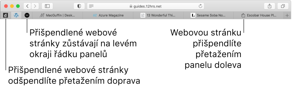 Připnuté stránky na řádku panelů v Safari