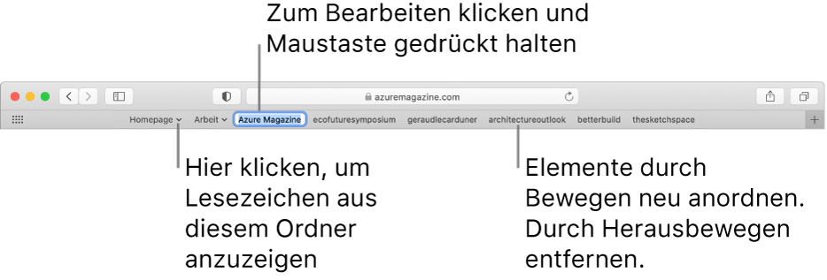 Die Favoritenleiste mit einem Lesezeichenordner. Zum Bearbeiten eines Lesezeichens oder Ordners klicke und halte das Lesezeichen oder den Ordner in der Leiste gedrückt. Zum neu Anordnen der Elemente in der Leiste bewege sie. Zum Entfernen eines Elements bewege es aus dem Bereich der Leiste.