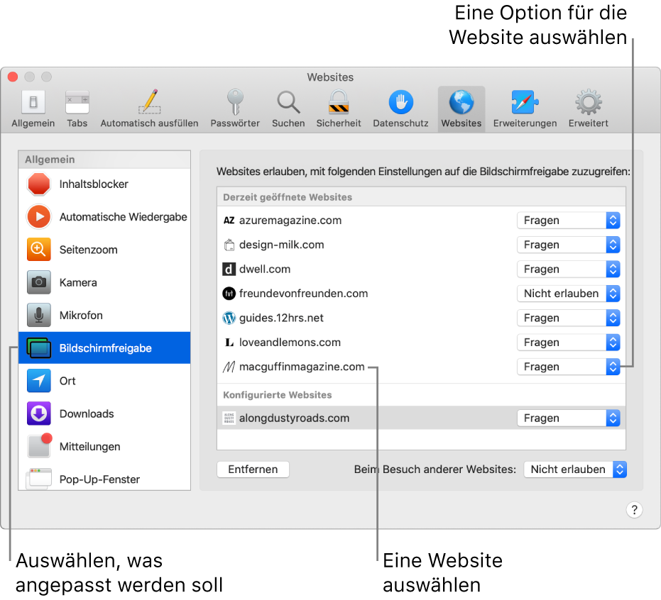 Der Bereich „Websites“ in den Einstellungen für Safari, mit dessen Optionen du das Verhalten einzelner Websites anpassen kannst.