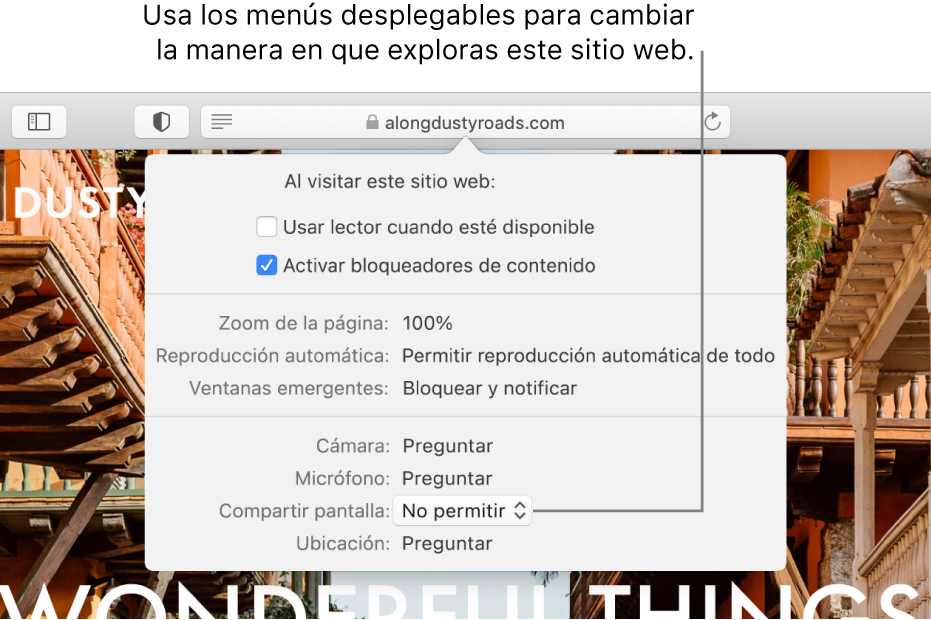 El diálogo que aparece por debajo del campo de búsqueda inteligente cuando seleccionas Safari > Preferencias para este sitio web. El cuadro de diálogo contiene opciones para personalizar cómo navegas en el sitio web actual, incluyendo el uso de la vista de lector, habilitar bloqueadores de contenido, etc.