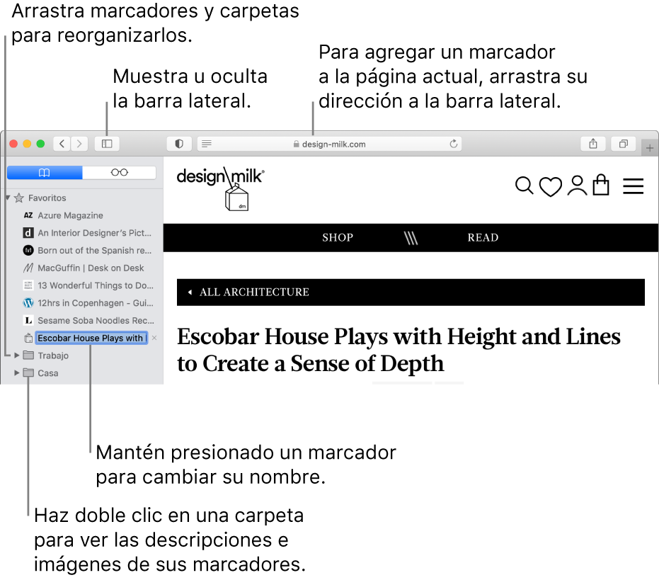 Una ventana de Safari que muestra los marcadores en la barra lateral. Un marcador está seleccionado para editar.