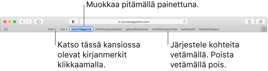 Suosikit-palkki ja kirjanmerkkikansio. Voit muokata palkissa olevaa kirjanmerkkiä tai kansiota pitämällä sitä painettuna. Voit muuttaa kohteiden järjestystä palkissa vetämällä niitä. Voit poistaa kohteen vetämällä sen pois palkista.