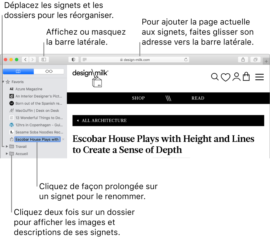 Une fenêtre Safari affichant les signets de la barre latérale; l’un d’eux est sélectionné en vue d’être modifié.