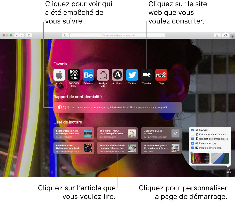 La page de démarrage de Safari affichant les sites web favoris, le résumé d’un rapport de confidentialité, les articles de la liste de lecture et les options de la page de démarrage.