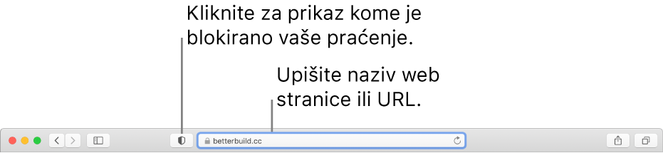 Alatna traka preglednika Safari s prikazom tipke Izvješće o privatnosti i web stranica u Pametnom polju za pretraživanje.