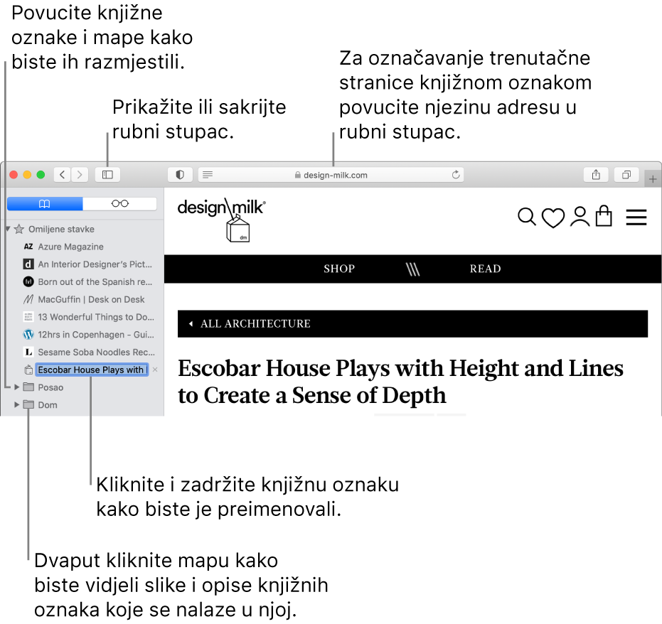 Prozor Safari prikazuje knjižne oznake u rubnom stupcu u kojem je jedna knjižna označena za uređivanje.