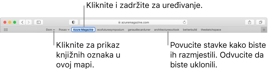 Traka Omiljene stavke s mapom knjižne oznake. Za uređivanje knjižne oznake u traci, kliknite na nju i držite ju pritisnutom. Za promjenu rasporeda stavki na traci povucite ih: Za uklanjanje stavke, povucite ju izvan trake.