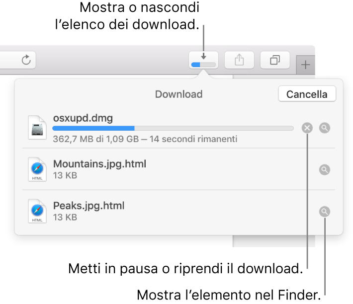 Il pulsante Download nella barra degli strumenti, con l'elenco dei download sotto di esso.