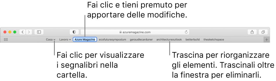 La barra dei preferiti con una cartella segnalibri. Per modificare un segnalibro o una cartella nella barra, fa clic e tienili premuti. Per riordinare gli elementi nella barra, trascinali. Per rimuovere un elemento, trascinalo al di fuori della barra.