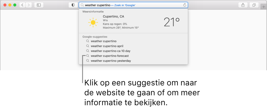 De zoekterm "weer cupertino" in het slimme zoekveld en de Safari-suggesties.