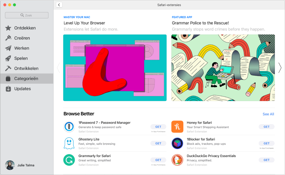 De beginpagina van de Mac App Store. De navigatiekolom aan de linkerkant bevat links naar andere gedeelten van de Store, zoals 'Arcade' en 'Creëren'. 'Categorieën' is geselecteerd. Aan de rechterkant staat de categorie 'Safari-extensies'.