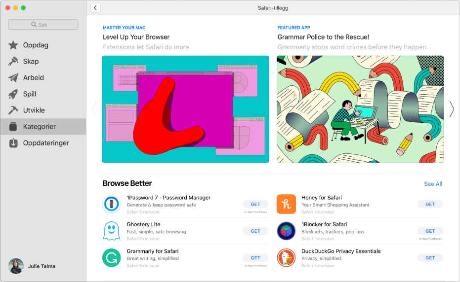 Hovedsiden for Mac App Store. Sidepanelet til venstre inneholder lenger til ulike områder av butikken, som Arcade og Skap og Kategorier er markert. Til høyre er kategorien for Safari-tillegg.