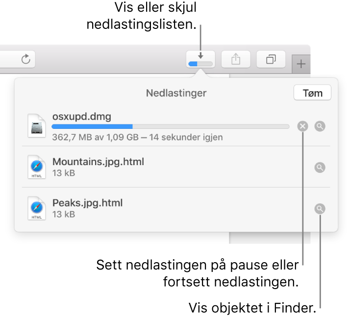 Nedlastinger-knappen i verktøylinjen og nedlastingslisten nedenfor.