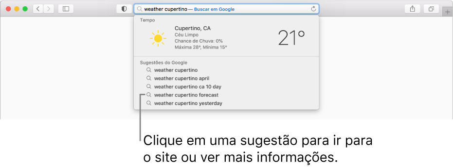 Frase "tempo cupertino" digitada no campo de Busca Inteligente e resultados das Sugestões do Safari.