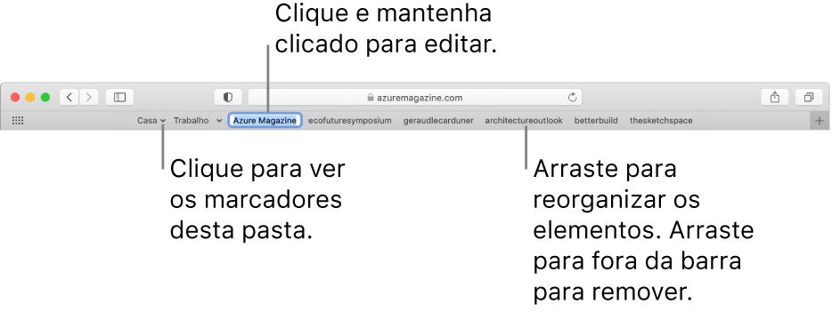 A barra de favoritos com uma pasta de marcadores. Para editar um marcador ou uma pasta na barra, clique e mantenha clicado o elemento. Para reorganizar elementos na barra, arraste-os. Para remover um elemento, arraste-o para fora da barra.