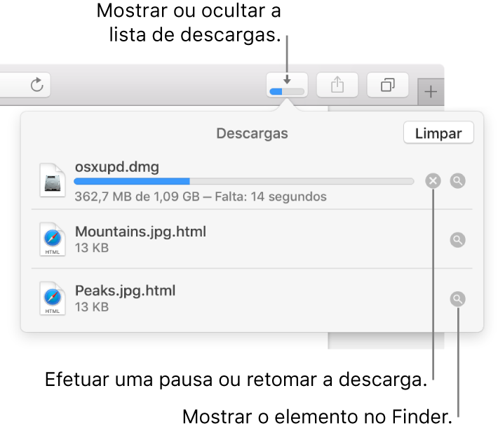 O botão Descargas na barra de ferramentas com a lista de descargas por baixo.