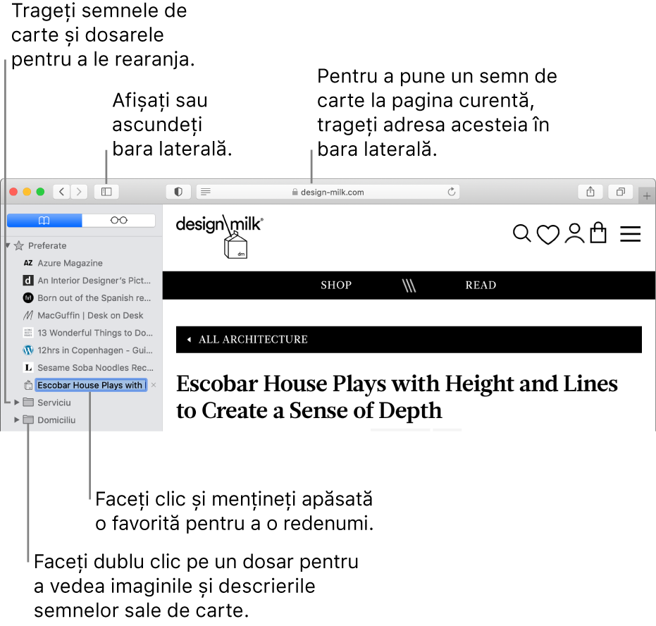 Fereastră Safari prezentând favoritele în bara laterală; o favorită este selectată pentru editare.