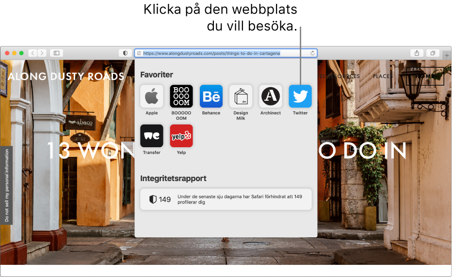 Det smarta sökfältet i Safari. Nedanför finns startsidan som visar favoriter och en sammanfattad integritetsrapport.