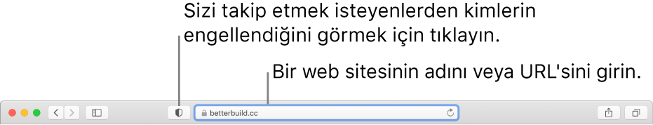 Gizlilik Raporu düğmesini ve Akıllı Arama alanındaki bir web sitesini gösteren Safari araç çubuğu.