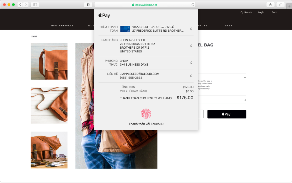 Trang web mua sắm phổ biến cho phép Apple Pay và chi tiết giao dịch mua của bạn bao gồm thẻ tín dụng được tính tiền, thông tin giao hàng, thông tin cửa hàng và giá mua hàng.