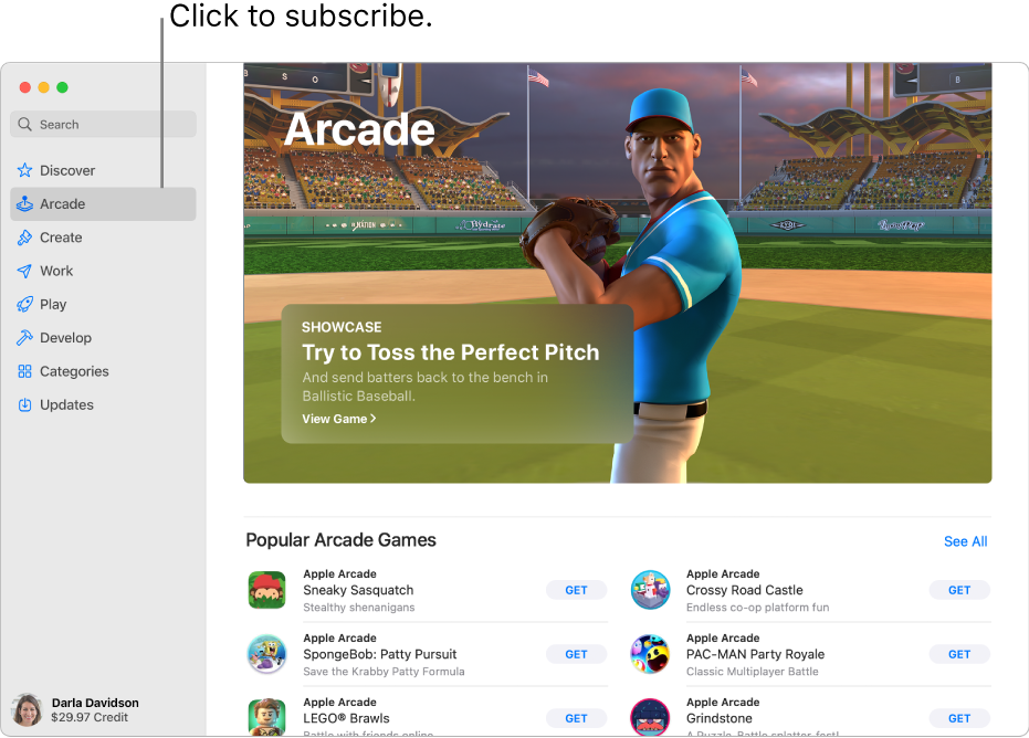 The main Apple Arcade page. A popular game is shown in the pane on the right, with other available games shown below.