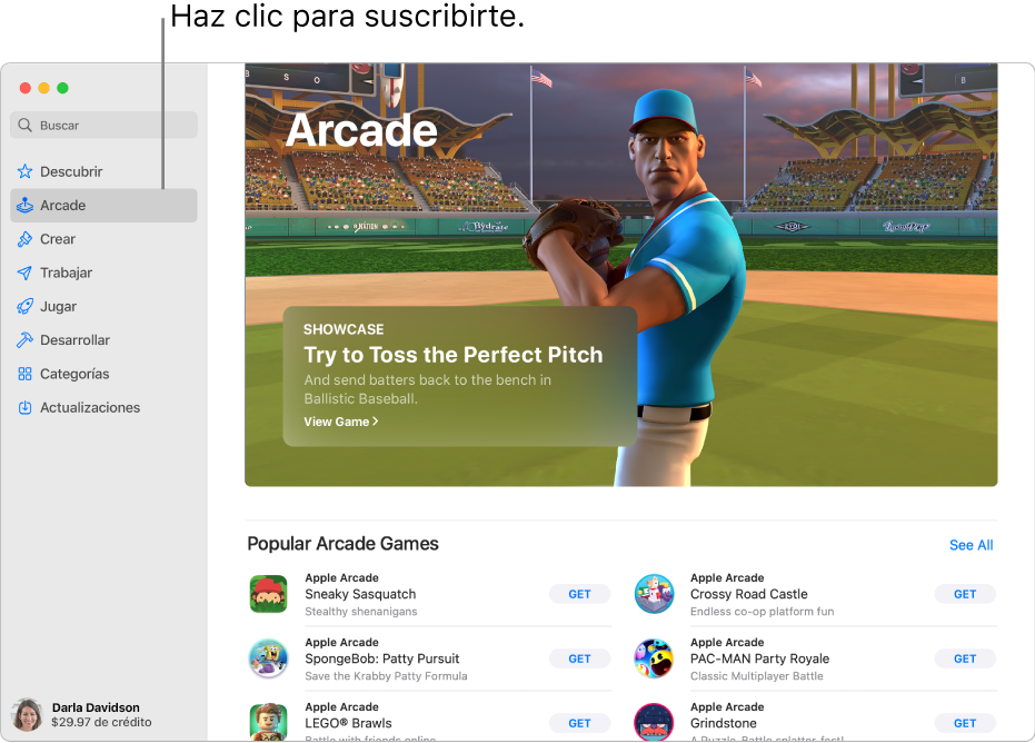 Página principal de Apple Arcade. Se muestra un juego popular en el panel a la derecha junto con otros juegos disponibles que se muestran en la parte inferior.