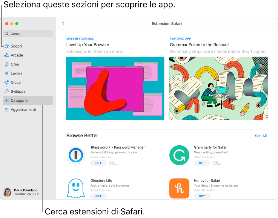 La pagina di App Store sul Mac delle estensioni di Safari. La barra laterale a sinistra presenta link ad altre sezioni, come Scopri, Arcade, Crea, Lavoro, Giochi, Per sviluppatori, Categorie e Aggiornamenti. A destra, si trovano le estensioni di Safari disponibili.