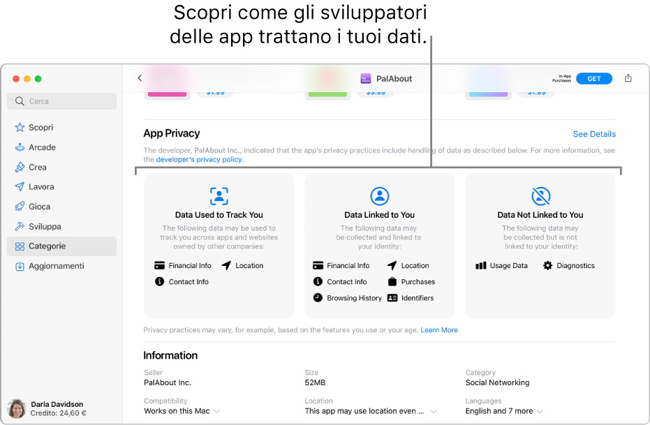 Una parte della pagina principale di Mac App Store, che mostra l'informativa sulla privacy dello sviluppatore dell'app selezionata: Dati utilizzati per monitorarti, dati associati a te e dati non collegati a te.