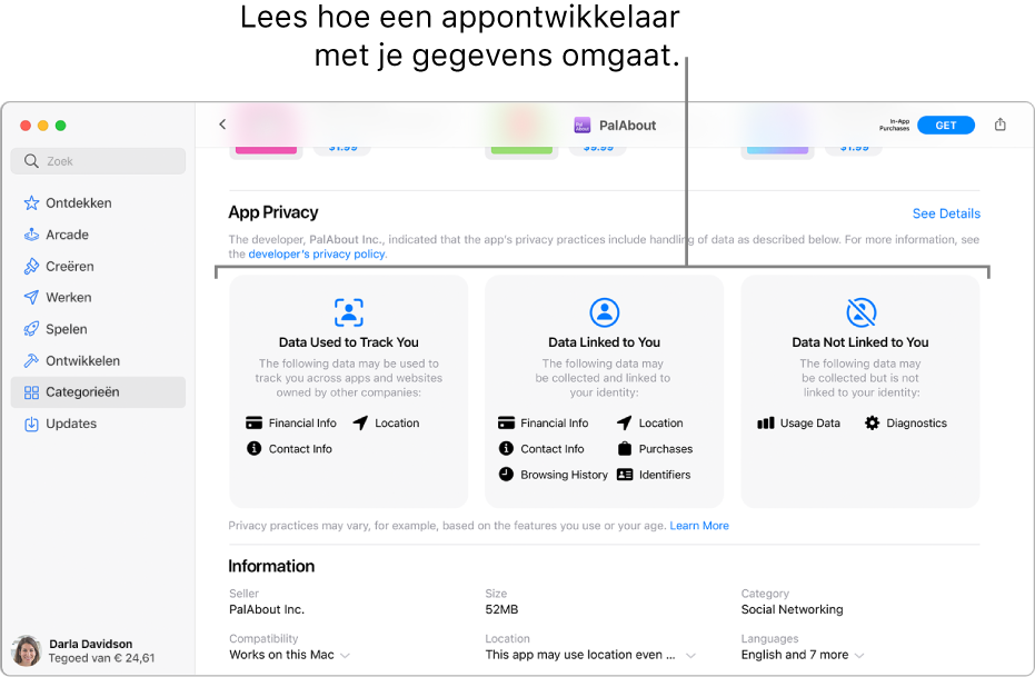 Een deel van de hoofdpagina van de Mac App Store met het privacybeleid van de ontwikkelaar van de geselecteerde app: 'Gegevens die worden gebruikt om je te volgen', 'Gegevens die aan jou gekoppeld zijn' en 'Gegevens die niet aan jou gekoppeld zijn'.