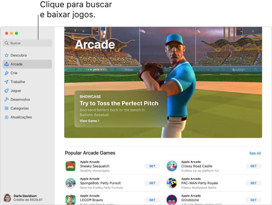 Página principal do Apple Arcade. Um jogo popular é mostrado no painel à direita, com outros jogos disponíveis mostrados abaixo.