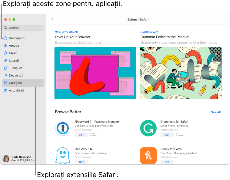 Pagina Extensii Safari din Mac App Store. Bara laterală din stânga include linkuri către alte pagini: Descoperiți, Arcade, Creați, Lucrați, Jucați-vă, Dezvoltați, Categorii și Actualizări. În dreapta se află extensiile Safari disponibile.