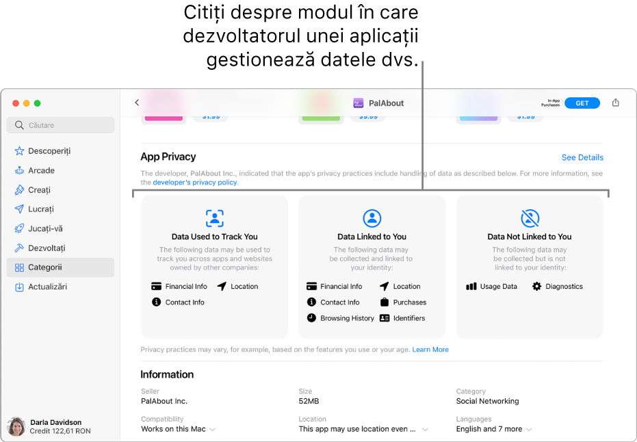 O porțiune a paginii principale Mac App Store, afișând politica de confidențialitate a dezvoltatorului aplicației selectate: Date utilizate pentru a vă urmări, Date asociate cu dvs. și Date neasociate cu dvs.