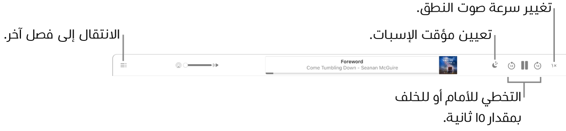 مشغل الكتب الصوتية في Apple Books يعرض، من اليمين إلى اليسار، زر سرعة إعادة التشغيل والزرين تخطي للأمام وتخطي للخلف والزر مؤقت الإسبات وعنوان الكتاب الصوتي قيد التشغيل حاليًا ومؤلفه وشريط تمرير مستوى الصوت وزر جدول المحتويات.