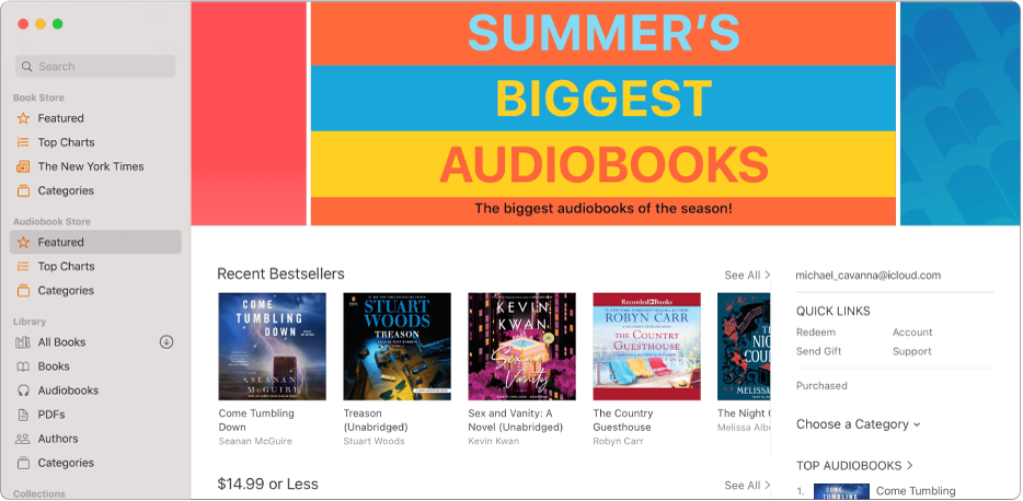 The main window of the Audiobook Store, showing featured audiobooks.