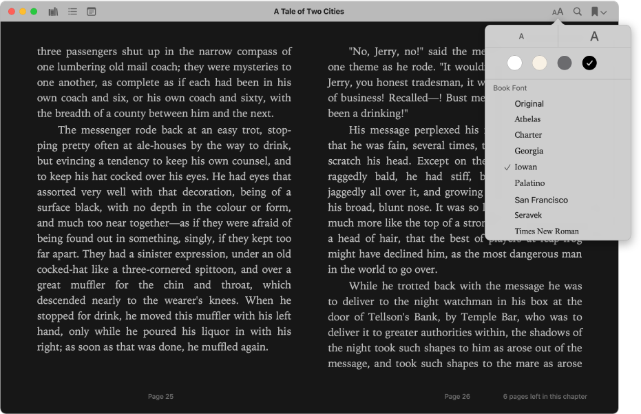 A book with a customised appearance and the Appearance menu showing the selected text size, background colour and font.