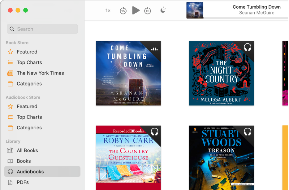 The audiobook player. Along the top are the player’s controls, a thumbnail of the audiobook’s cover, and the audiobook’s title and author. Below is the Audiobooks collection in the library.