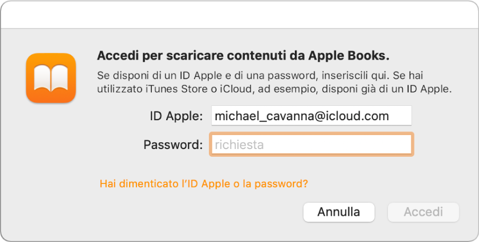 La finestra di dialogo per accedere ad Apple Books utilizzando un ID Apple e una password.