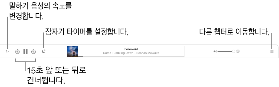 왼쪽부터 오른쪽으로 재생 속도 버튼, 앞으로 건너뛰기 버튼, 뒤로 건너뛰기 버튼, 잠자기 타이머 버튼, 현재 재생 중인 오디오북의 제목 및 저자, 음량 슬라이더, 목차 버튼이 표시된 Apple Books의 오디오북 플레이어.