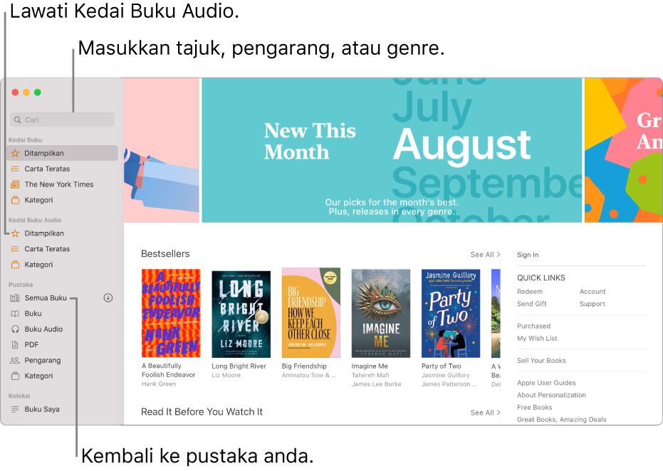 Bar sisi dalam Buku. Untuk melayari Kedai Buku, klik pada sebarang item di bawah Kedai Buku. Untuk melayari Kedai Buku Audio, klik pada sebarang item di bawah Kedai Buku Audio. Untuk mencari, masukkan tajuk, pengarang, atau genre dalam medan carian. Untuk kembali ke pustaka anda, klik Semua Buku.