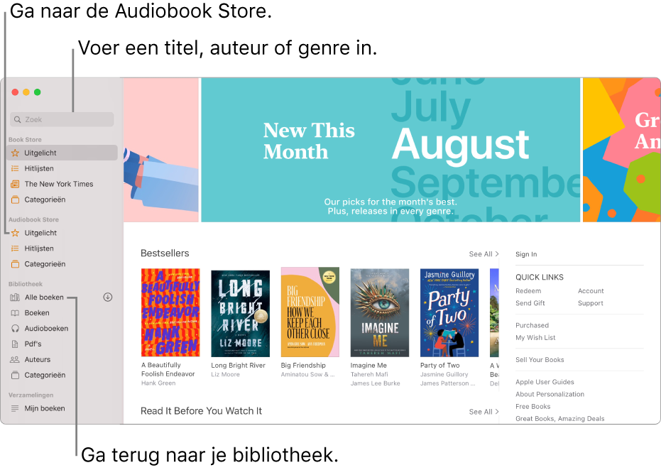 De navigatiekolom in Boeken. Om de Book Store te bekijken, klik je op een van de onderdelen onder 'Book Store'. Om de Audiobook Store te bekijken, klik je op een van de onderdelen onder 'Audiobook Store'. Om te zoeken, typ je een titel, auteur of genre in het zoekveld. Om terug te gaan naar je bibliotheek, klik je op 'Alle boeken'.