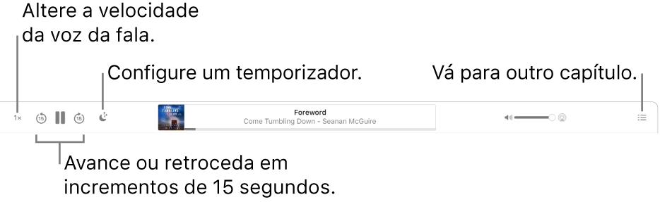 O reprodutor de audiolivros no Livros da Apple mostrando, da esquerda para a direita, os botões Velocidade de Reprodução, Avançar e Retroceder, Timer de Repouso, o título e autor do audiolivro em reprodução, o controle de volume e o botão Índice.