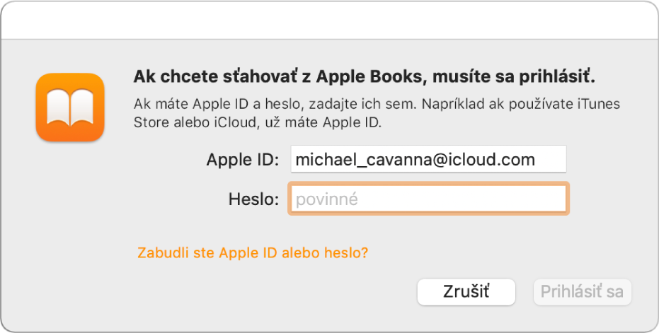 Dialógové okno na prihlásenie do Apple Books pomocou Apple ID a hesla.