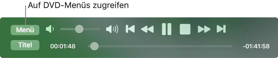 Die Taste „Menü“ befindet sich oben links in den Wiedergabesteuerungen der App „DVD-Player“. Klicke auf die Menütaste, um auf die DVD-Menüs zuzugreifen.