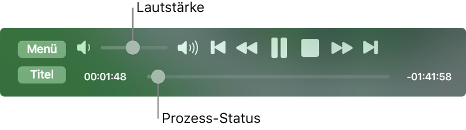 Die Wiedergabesteuerungen der App „DVD-Player“ mit dem Lautstärkeregler oben links und der Timeline unten. Bewege den Aktivpunkt für den Fortschritt in der Timeline, um zu einer anderen Stelle im Film zu wechseln.