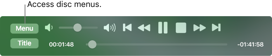 The Menu button is in the top-left corner of the DVD Player playback controls. Click the Menu button to access the disc menus.