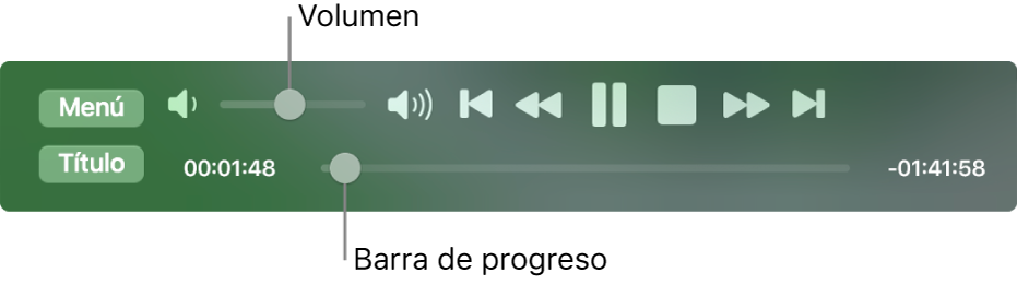 Controles de reproducción de la app Reproductor de DVD, con el selector de volumen en el área superior izquierda y la línea del tiempo en la parte inferior. Arrastra la manija de progreso en la línea del tiempo para ir a otra parte de la película.