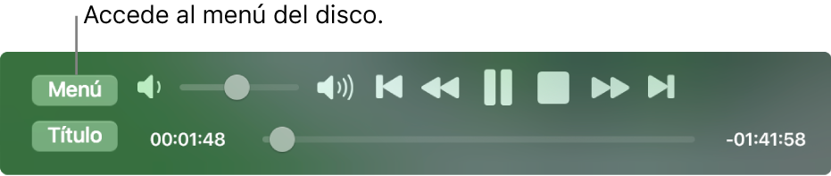 El botón Menú está en la esquina superior izquierda de los controles de reproducción de la app Reproductor de DVD. Haz click en el botón Menú para acceder a los menús del disco.