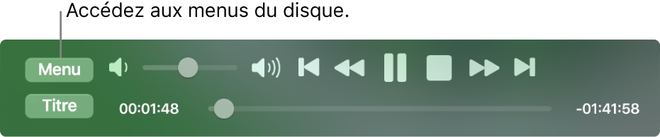 Le bouton de menu situé dans le coin supérieur gauche des commandes de lecture de Lecteur DVD. Cliquez sur le bouton Menu pour accéder aux menus du disque.